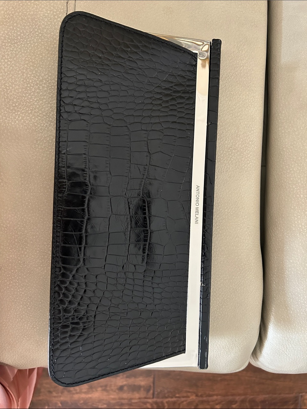 ANTONIO MELANI Black Croc-Embossed Silver-Trim Clutch